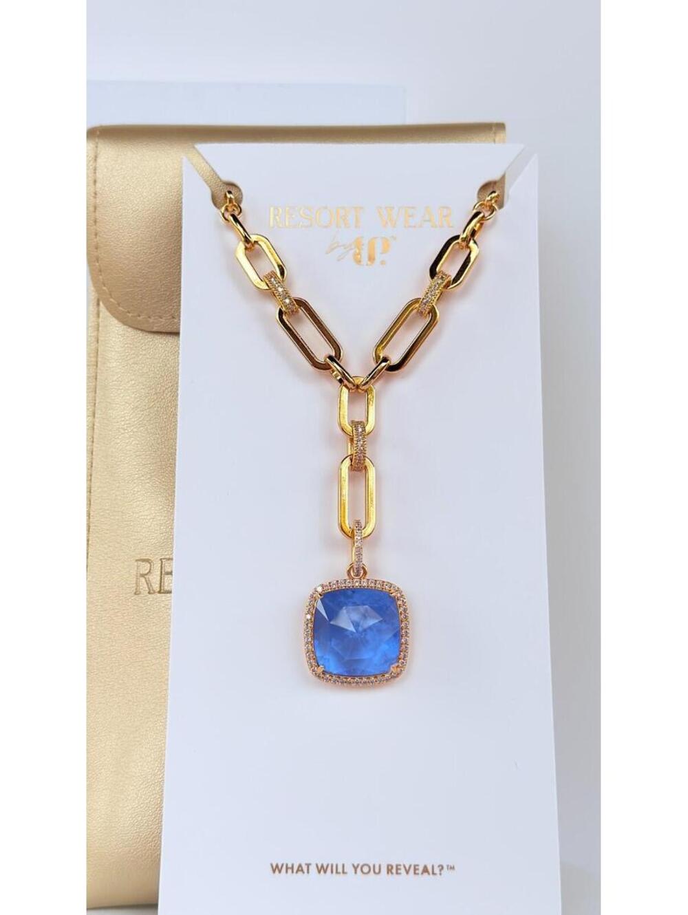 Bomb Party Resort Wear "The Emery Gray Necklace" Blue Lace Agate on Yellow Gold